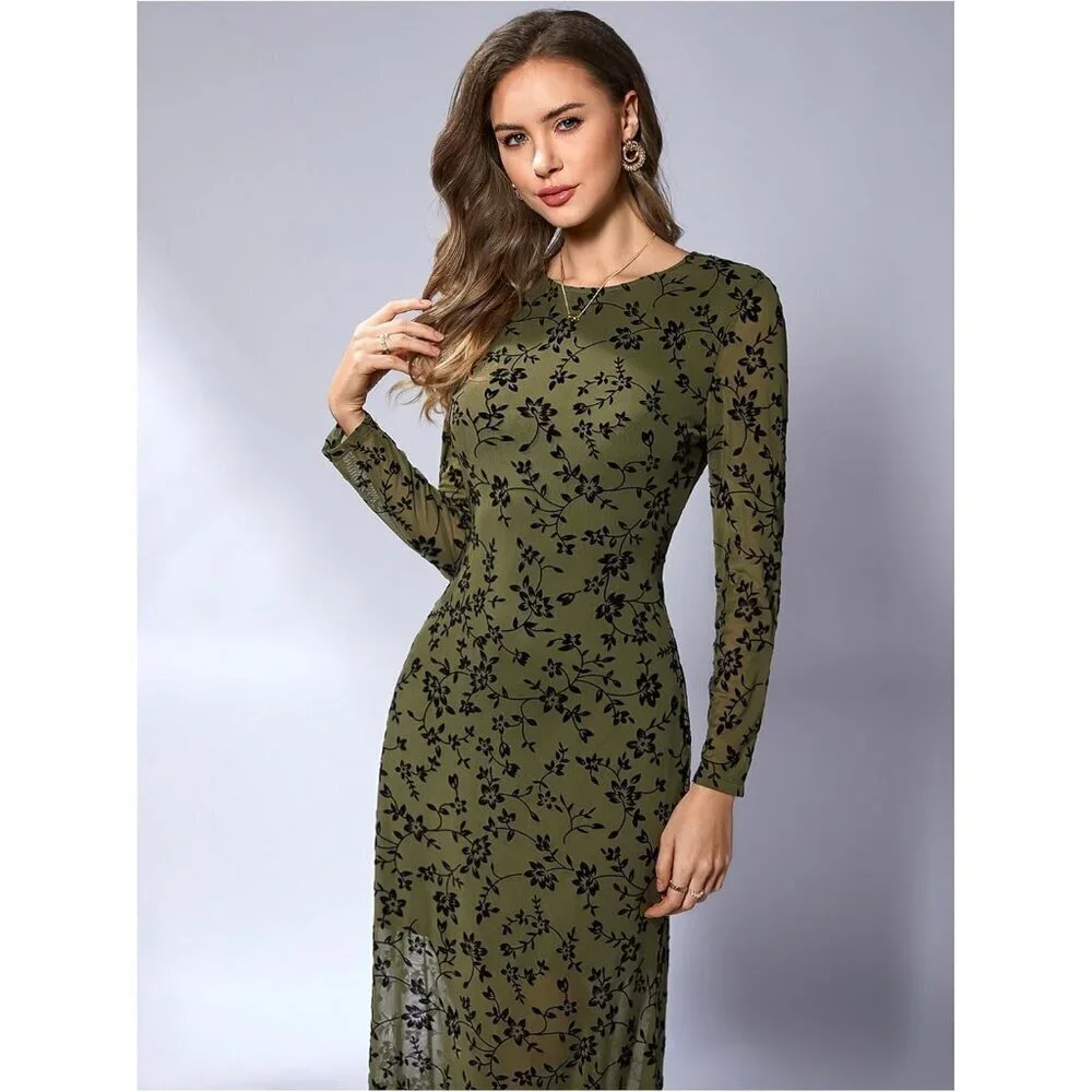 Women's Army Green Floral Mesh Elegant Formal Long Sleeve Cocktail Maxi Dresses